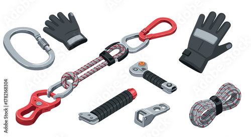 Essential climbing gear set carabiners, rope, gloves, and tools for safe ascents