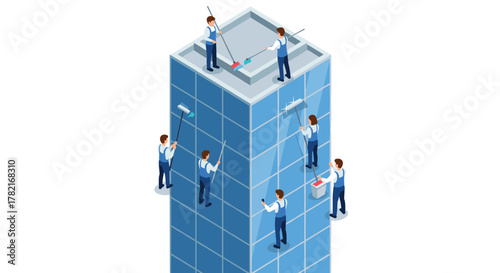 Team of workers cleaning a tall office building in isometric style
