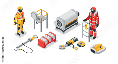 Isometric industrial equipment and safety personnel in action