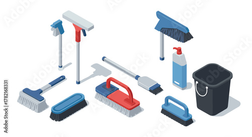 Isometric cleaning tools collection brushes, mops, and supplies