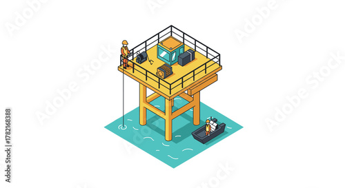 Offshore oil platform isometric design with workers and equipment