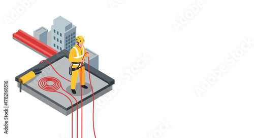 Construction worker using safety gear on building site in isometric urban scene