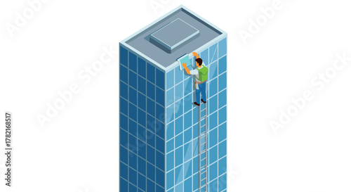 Worker on ladder cleaning glass facade of skyscraper in isometric style
