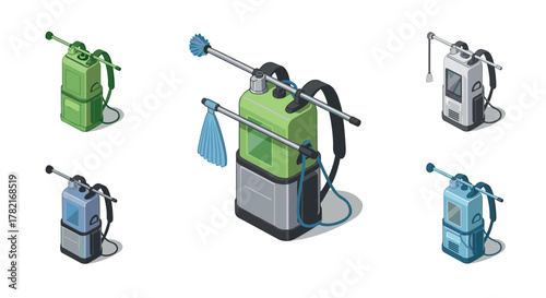Isometric agricultural sprayer set in various colors and designs for farming equipment