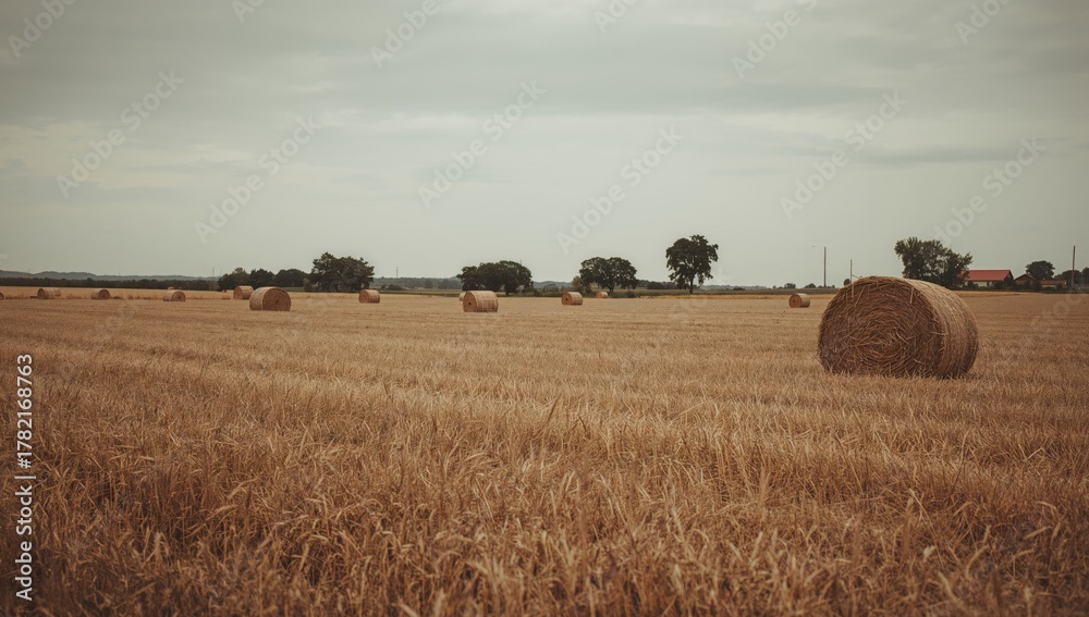 Fototapeta premium Hay bale rolls in harvested field under cloudy summer skies, showcasing seasonal change