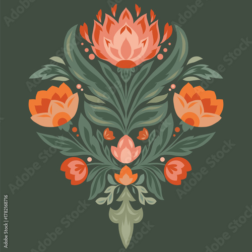 Vector decorative floral composition in folk art style. Orange and green flowers with symmetrical design on a dark background.