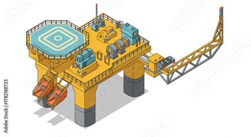 Detailed isometric offshore oil rig platform with machinery and helipad in ocean environment