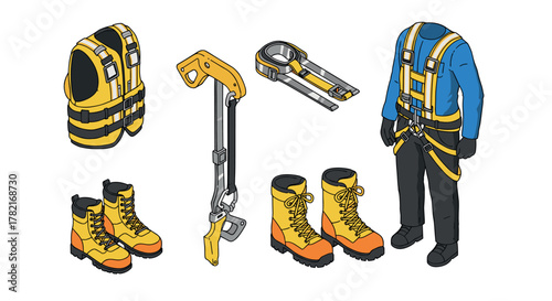 Construction safety gear collection harness, vest, boots, and tools in isometric style