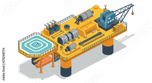 Isometric offshore oil rig with helipad and crane in detailed 3d design