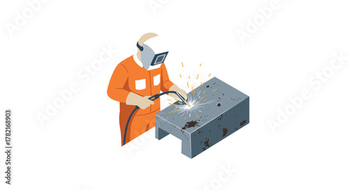 Metal fabrication worker in safety gear welding metal object in isometric style