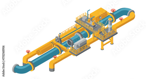 Isometric industrial pipeline structure with valves and platforms