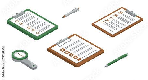 Isometric clipboards and stationery with checklists and pens in flat design