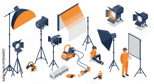 Isometric film production equipment set with lighting and audio elements