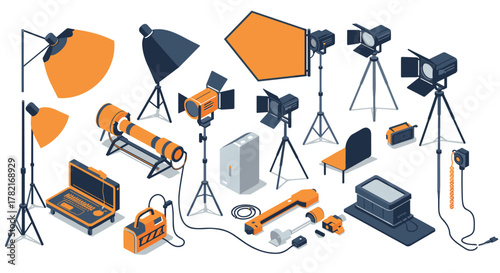 Isometric photography equipment set with studio lights and cameras in modern style