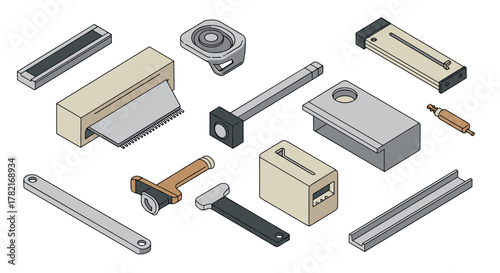Isometric mechanical tools and components set in neutral tones