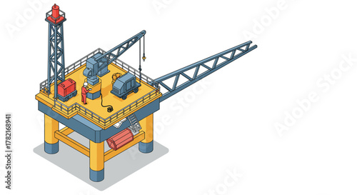 Isometric offshore oil rig platform with cranes and equipment on a white background