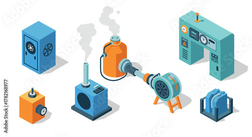 Colorful isometric industrial machinery for factory and manufacturing concepts