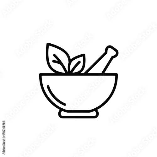 Herbal Mortar and Pestle Icon — Natural Medicine Bowl Outline Vector