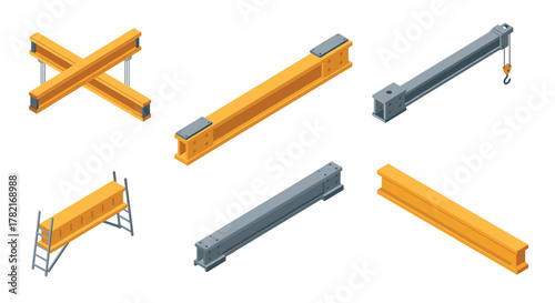 Isometric construction beams and crane hook elements set