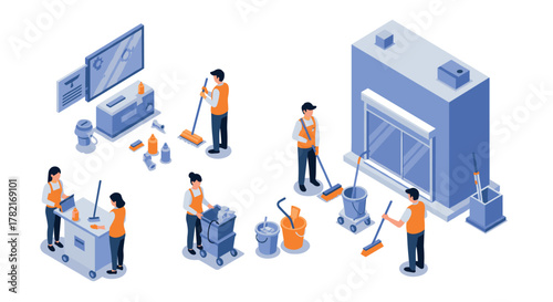 Professional cleaning crew in action isometric design of people and equipment