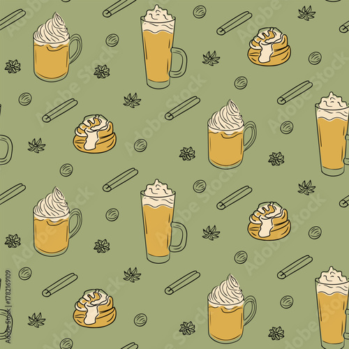 Seamless pattern with pumpkin spice latte, cinnamon rolls, sticks and star anise on green background. Concept of autumn coziness, seasonal drinks and sweet comfort food