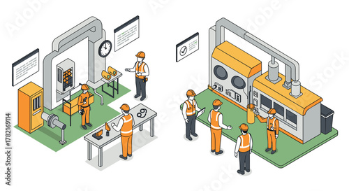 Isometric factory scene with engineers and industrial machines in a manufacturing environment