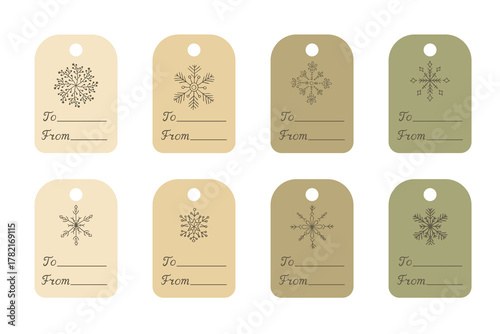 Set of eco style Christmas gift tags with snowflake illustrations and To From text in neutral tones. Concept of sustainable wrapping, handmade presents and holiday gifting