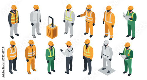 Diverse construction workers in safety gear on white background