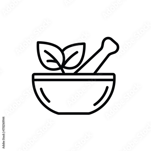 Herbal Mortar and Pestle Icon — Natural Medicine Bowl Outline Vector