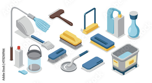 Isometric cleaning tools collection brushes, mops, and supplies