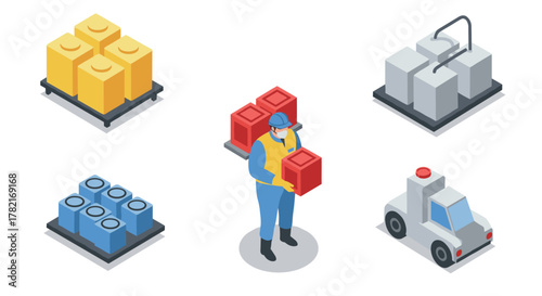 Isometric warehouse objects worker, boxes, robot, delivery vehicle, storage