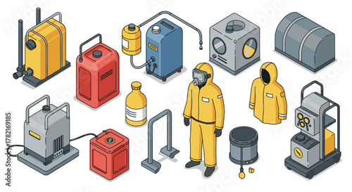Industrial safety equipment in isometric style with protective gear and containers