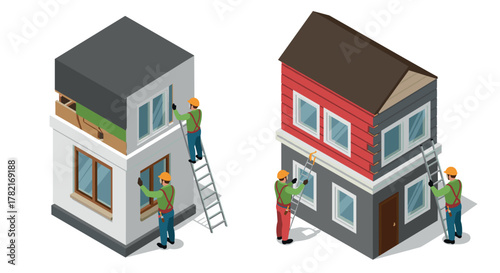 Isometric building maintenance workers painting and refurbishing twostory homes