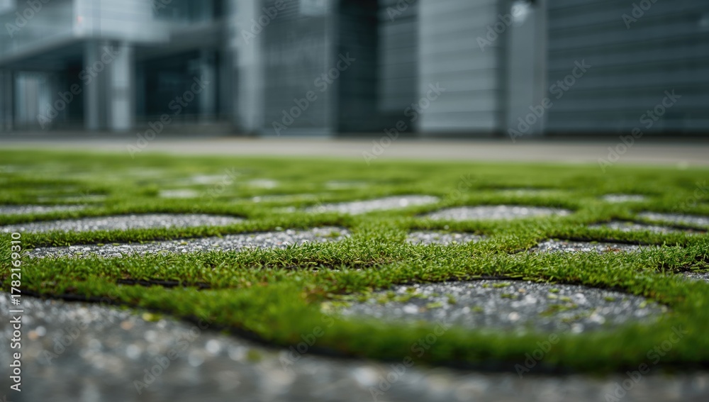 Naklejka premium A concrete floor adorned with vibrant green moss, showcasing the beauty of nature's reclamation