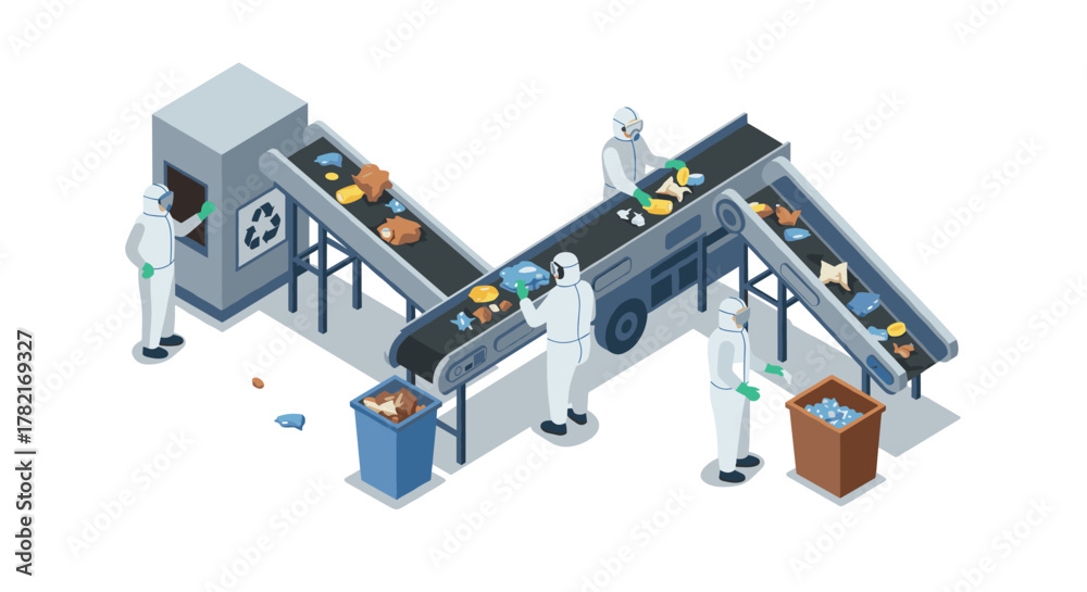 Fototapeta premium Isometric recycling facility with workers sorting waste on conveyors