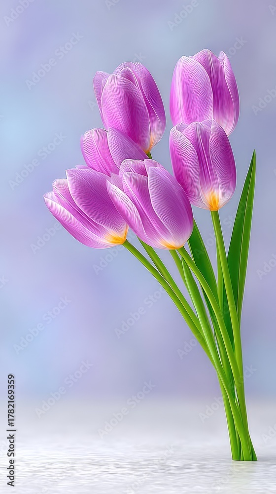 Naklejka premium Soft Pink Tulip Bouquet with Water Droplets Illuminated by Natural Light on a Textured Surface