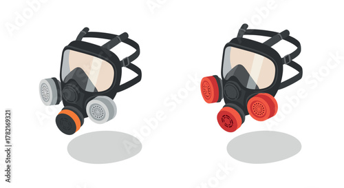 Isometric gas masks with dual filters on white background