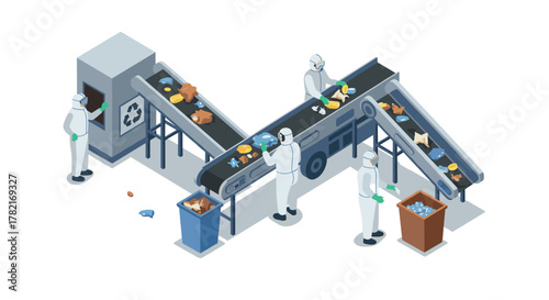 Isometric recycling facility with workers sorting waste on conveyors