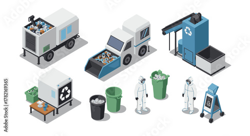 Isometric recycling equipment and waste management icons for ecofriendly design projects