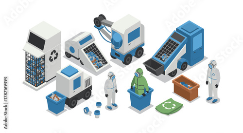 Isometric recycling machines and workers in protective gear