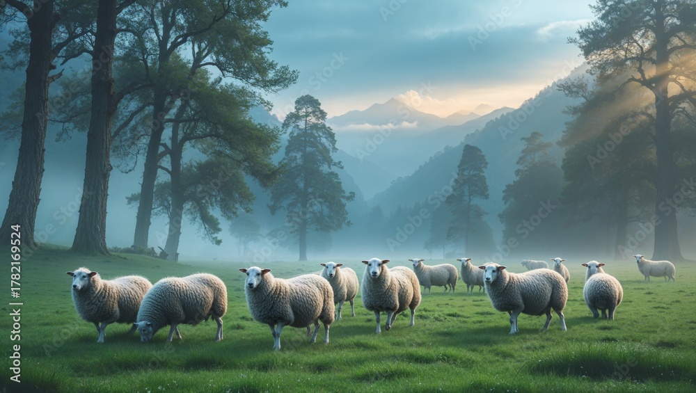 Fototapeta premium A flock of sheep grazing peacefully in a misty meadow near the mountains