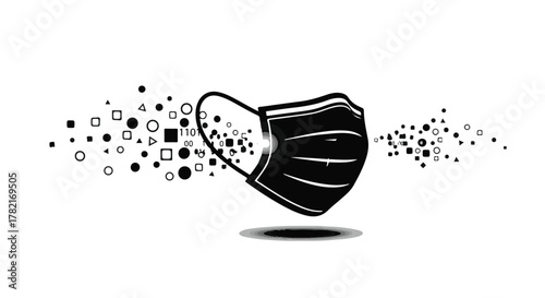 Black medical mask dissolving into digital particles, symbolizing data protection or virtual safety.