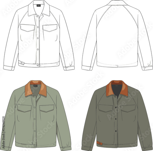 Raglan sleeve utility jacket technical flat sketch, front and back view fashion apparel template, outdoor casual coat design vector