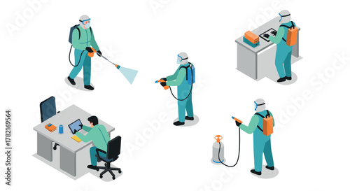 Isometric deep cleaning and office sanitization during pandemic with protective gear