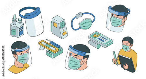 Medical safety gear and tools for health protection in modern line art
