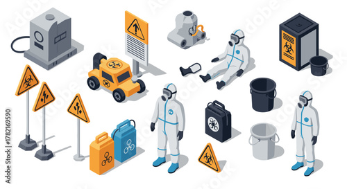 Isometric hazmat safety equipment and biohazard suit collection