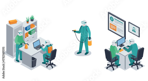 Disinfection team in office performing cleaning tasks in isometric style