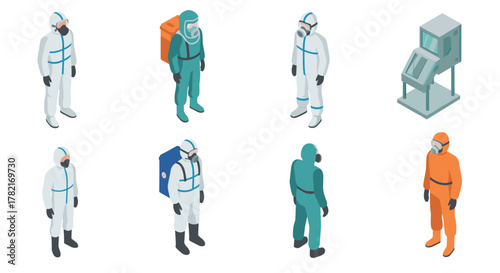 Isometric hazmat protective suit collection with diverse equipment and colors