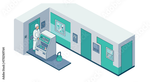 Modern pharmaceutical laboratory interior with isometric design elements