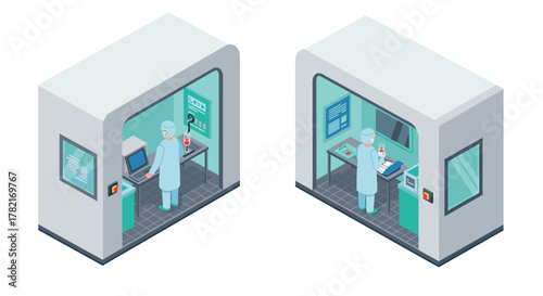 Isometric lab room with scientist using computer and analyzing data